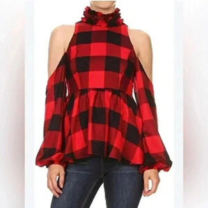 Va Va by Joy Han Buffalo Plaid, Fringe Neck,  Open Shoulder  Size M